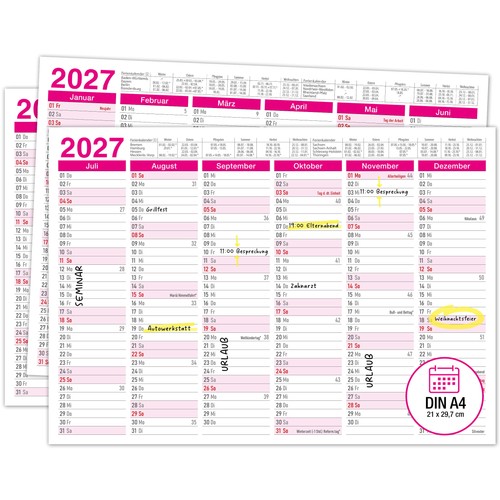 Tafelkalender 2027 pink - tafelkalender, a4